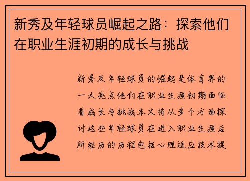新秀及年轻球员崛起之路：探索他们在职业生涯初期的成长与挑战